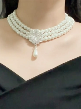 花朵水滴珍珠多层项链女