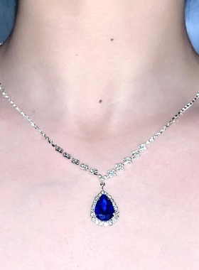 镶钻蓝色水滴锆石项链女