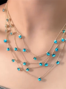 爆闪蓝色多层锆石项链女