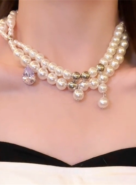 复古闪锆双层珍珠项链