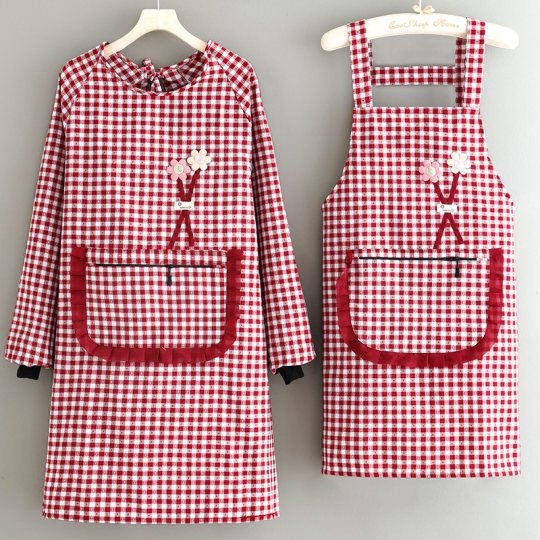 简约长袖罩衣防油耐磨棉格透气围裙家用厨房时尚女餐饮工作服成人