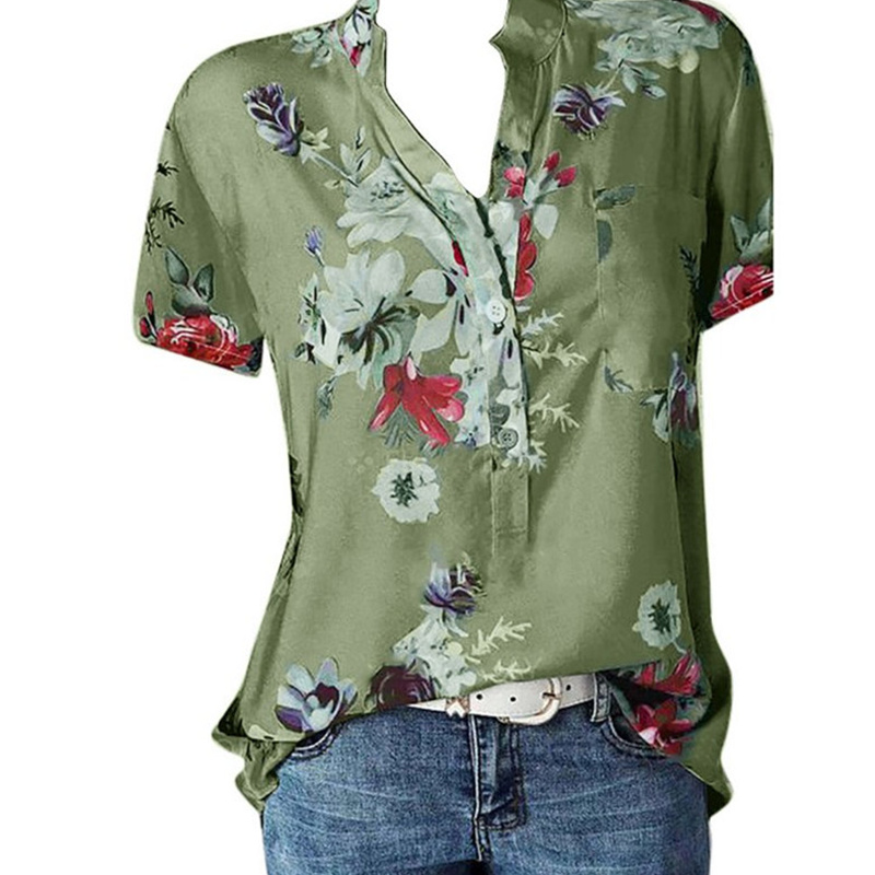 Women's printed V-neck button up shirt  女士印花V领系扣衬衫 - 图1