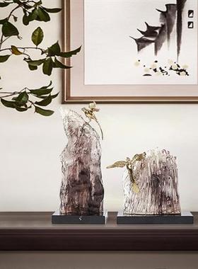 新中式轻奢软装样板间书房透明树脂假山石景铜鸟抽象雕塑装饰摆件