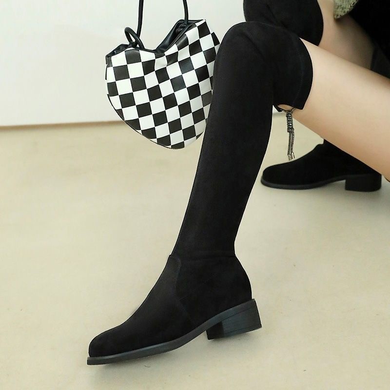 显瘦过膝长靴女平底2025秋冬加绒高筒靴粗跟绒面增高弹力瘦瘦靴 - 图3