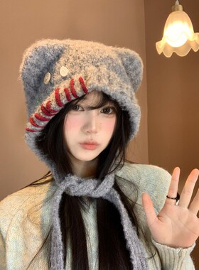 可爱纽扣小熊耳朵针织帽女秋冬季2026毛绒灰色毛线帽保暖护耳帽子