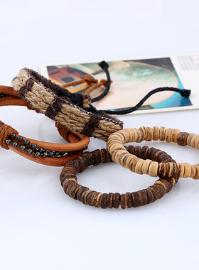 网红椰壳复古手串四件套装可调节ins轻奢民族风做旧手链饰品学生