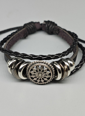 网红手绳多层串珠情侣手链个性编织学生简约黑色可调皮革手环小众