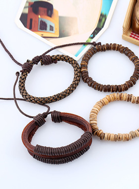 做旧复古椰壳手串套装轻奢学生网红饰品民族风潮流可调节男士手链