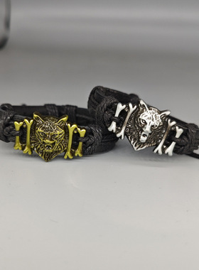 藏式民族手链复古编织皮革手绳古铜合金狼头可调手绳平价森系情侣