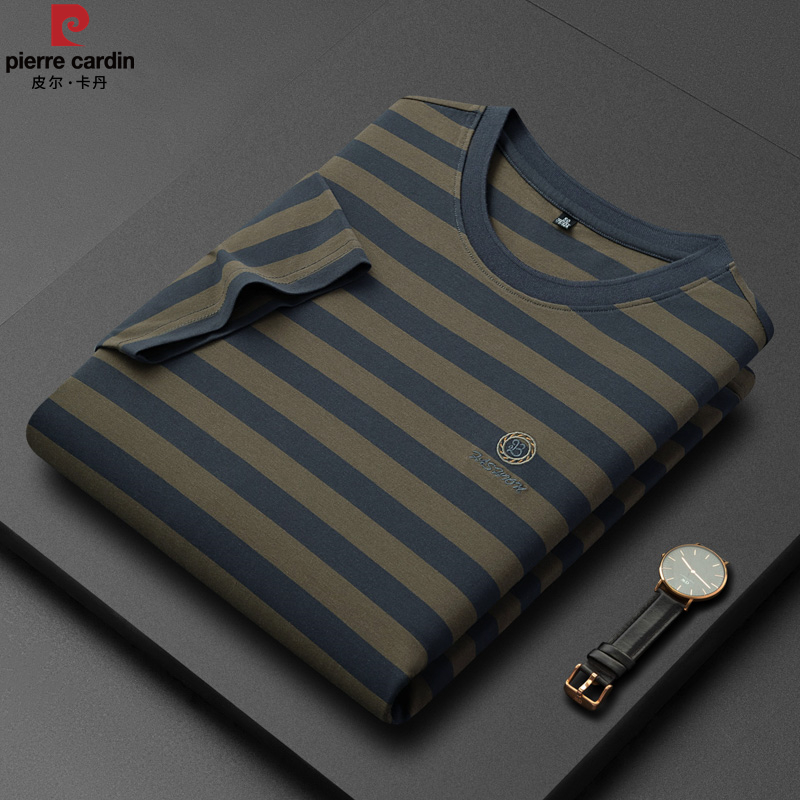 皮尔卡丹男士桑蚕丝条纹短袖T恤2025夏季休闲百搭圆领体恤上衣男 - 图1
