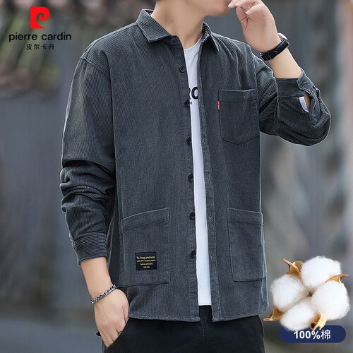 皮尔卡丹重磅纯棉长袖衬衫男中年春秋季工装上衣灯芯绒衬衣外套男 - 图0