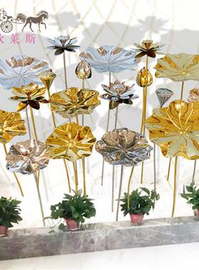 不锈钢荷叶荷花雕塑落地摆件酒店会所水池水景室外金属荷花装饰品