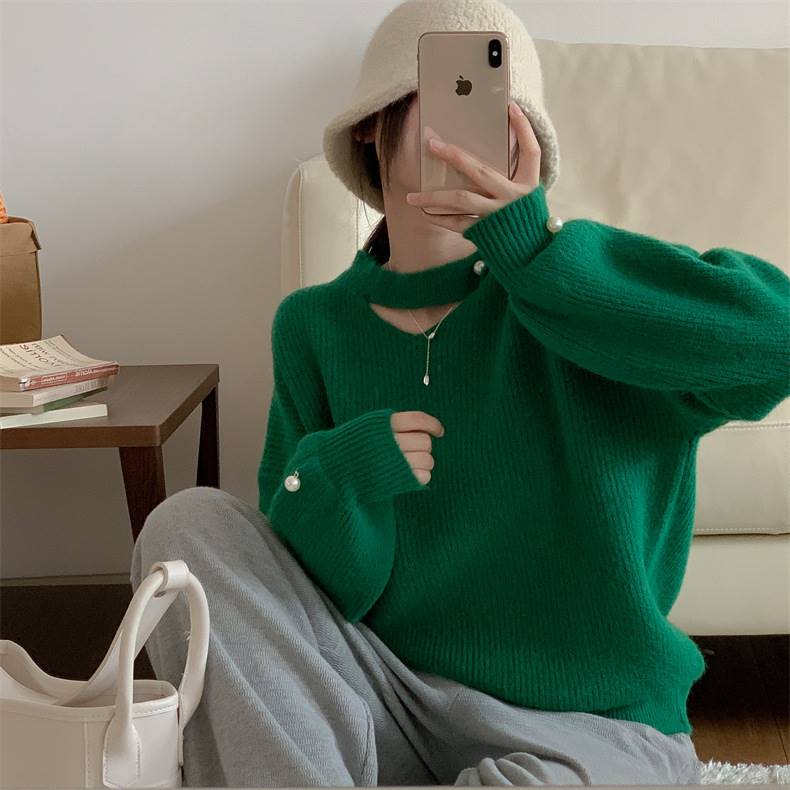 Lazy wind solid colour hanging neck long-sleeved jumper fema - 图3