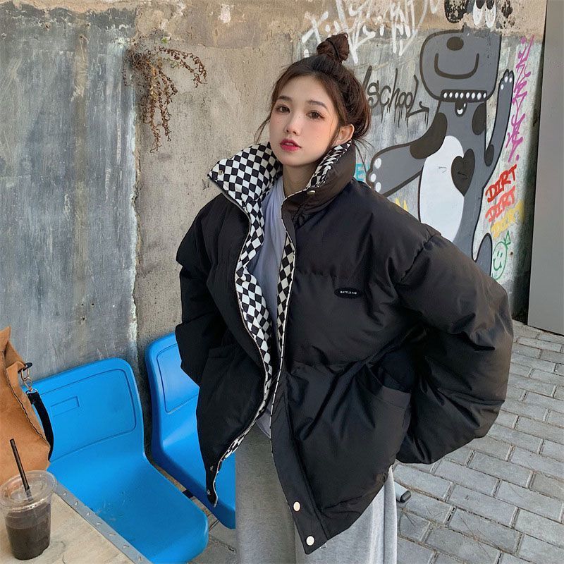 棋盘格棉服外套女冬季新款森系羽绒面包服