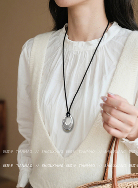 长款黑绳立体水滴项链女款