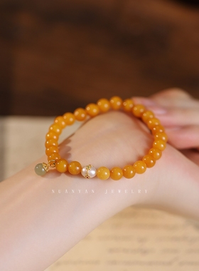 暖言单圈琥珀蜜蜡手链女款小众设计淡水珍珠配饰蜜蜡手串珠宝文玩