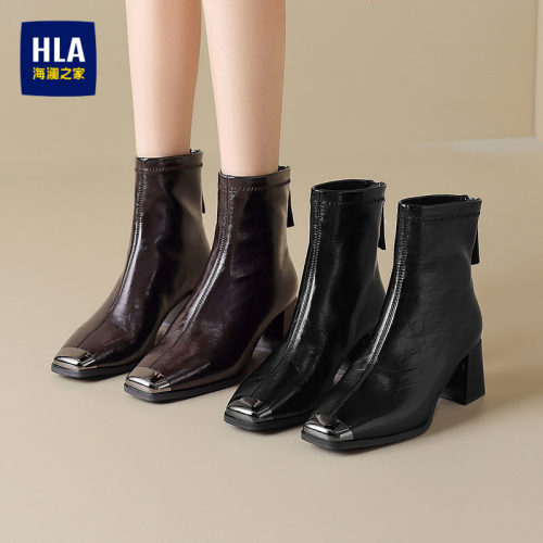 HLA/海澜之家女鞋2026春夏新款短靴女粗跟方头英伦时尚烟筒马丁靴 - 图3