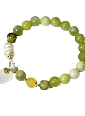 小众高级感绿色岫玉串珠手链新中式复古玉髓方牌吊坠淡水珍珠手串