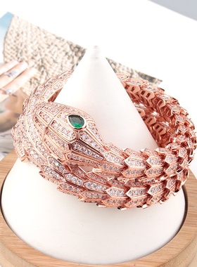欧美风格夸张霸气蛇形弹簧手镯满镶锆石铜镀金三环盘龙手环女