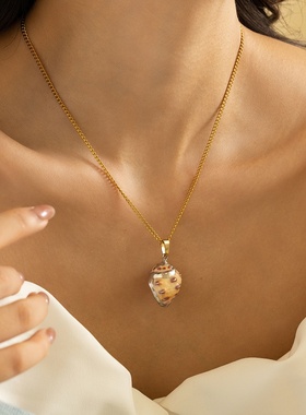 钛钢欧美波西米亚沙滩风格个性天然贝壳金边吊坠男女海螺项链