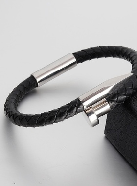 钉子手镯钛钢皮革皮绳手链不锈钢男士编织手链手工真皮手环L19167