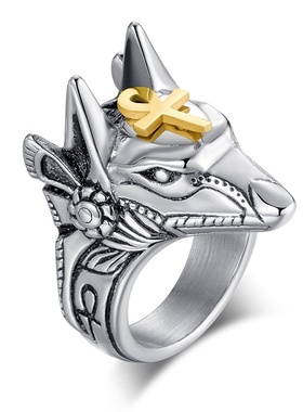 复古阿努比斯神防身破窗钛钢戒指古埃及死神胡狼头指环手饰品