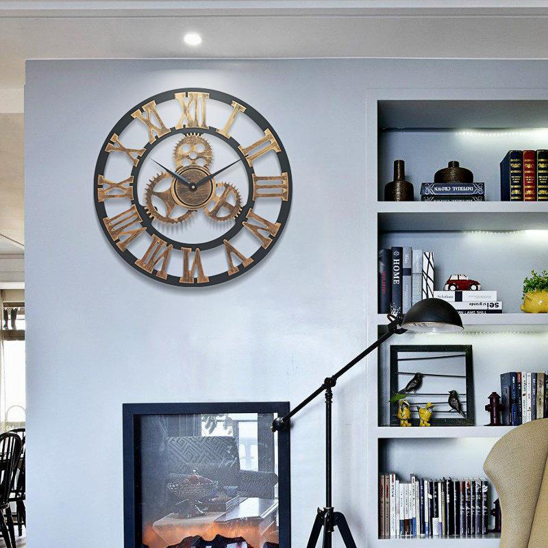 跨境热卖wall clock复古时钟客厅3D齿轮挂钟创意钟表-图1