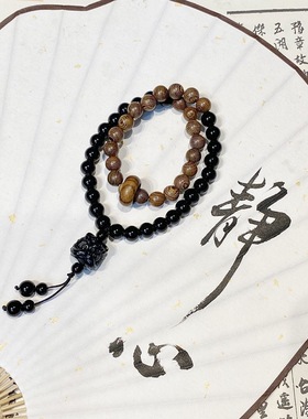 新中式情侣款醒狮鸡翅木琉璃珠双圈小众国风手串百搭闺蜜手饰