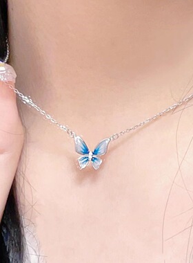 蓝色蝴蝶项链渐变精致ins小众设计高级感森系少女感锁骨链超仙