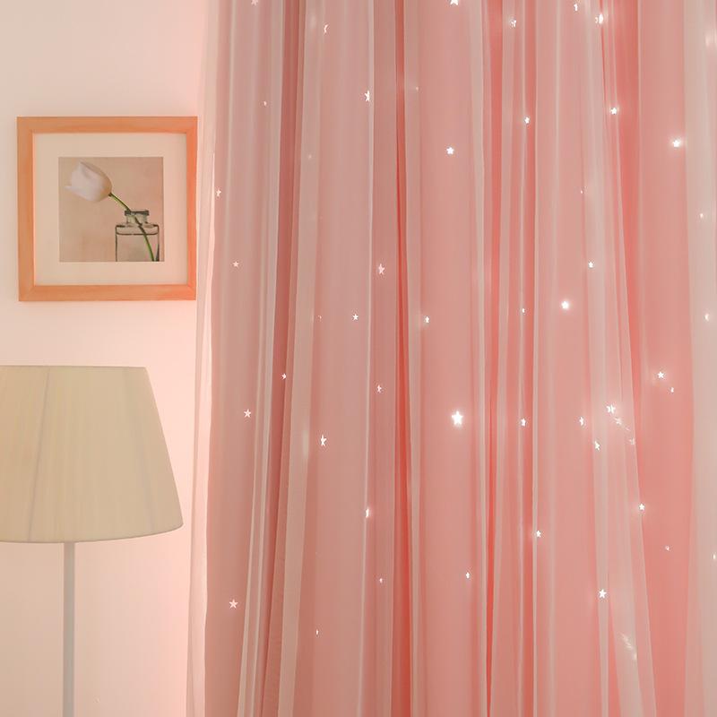 Double Pink Princess Curtains Hollow Stars Lace Curtain-图2
