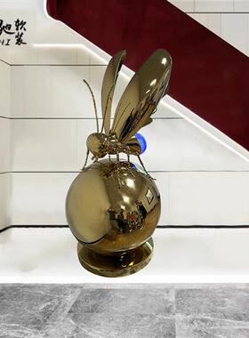 酒店大堂雕塑发光工艺品售楼处水景会所不锈钢蜜蜂摆件大厅软装饰