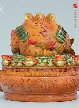 金蟾抱鲤摆件黄铜铸造三足金蟾装饰品聚宝盆金蟾家居客厅玄关摆设