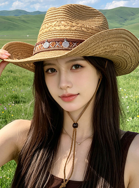 夏季大檐防晒遮脸草编牛仔帽女