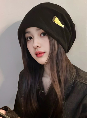 慵懒风黑色冷帽女款宽松大头围