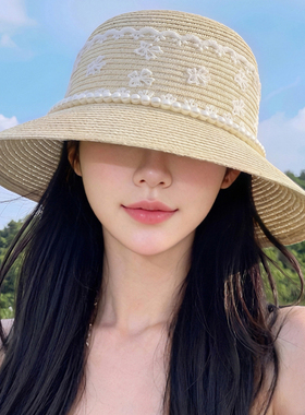 法式珍珠蕾丝大檐防晒草帽女夏季
