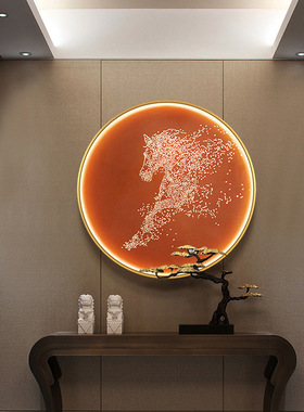 新中式立体客厅装饰画发光灯带实物画圆形玄关走廊茶室晶钻挂画
