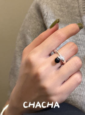 茶茶 纯银925黑玛瑙戒指法式复古球形圆环开口指环小众设计ins