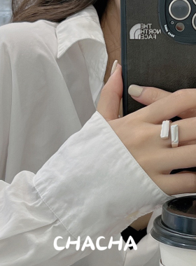 茶茶S925纯银交错方块建筑风几何戒指韩系时髦INS风博主指环银饰