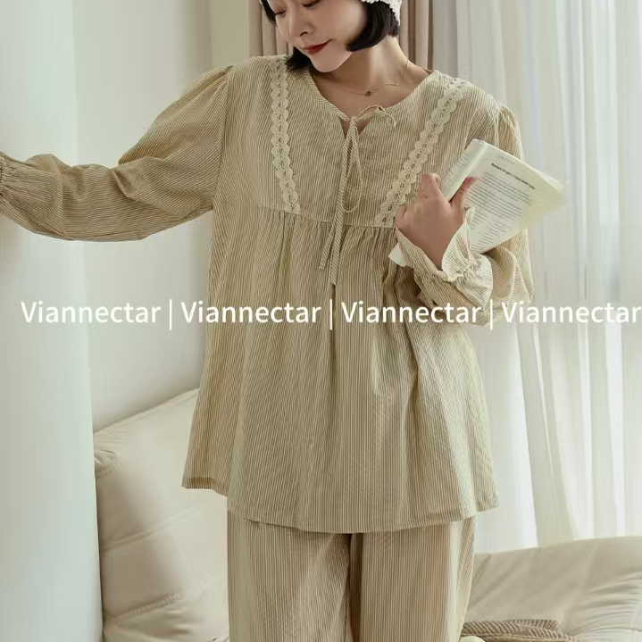 维安花密睡衣女春秋款长袖长裤家居服套装纯棉可外穿休闲简约纯色 - 图2