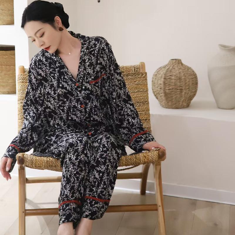 维安花密睡衣女春秋款莫代尔棉长袖家居服夏季薄款冰丝复古老钱风 - 图2