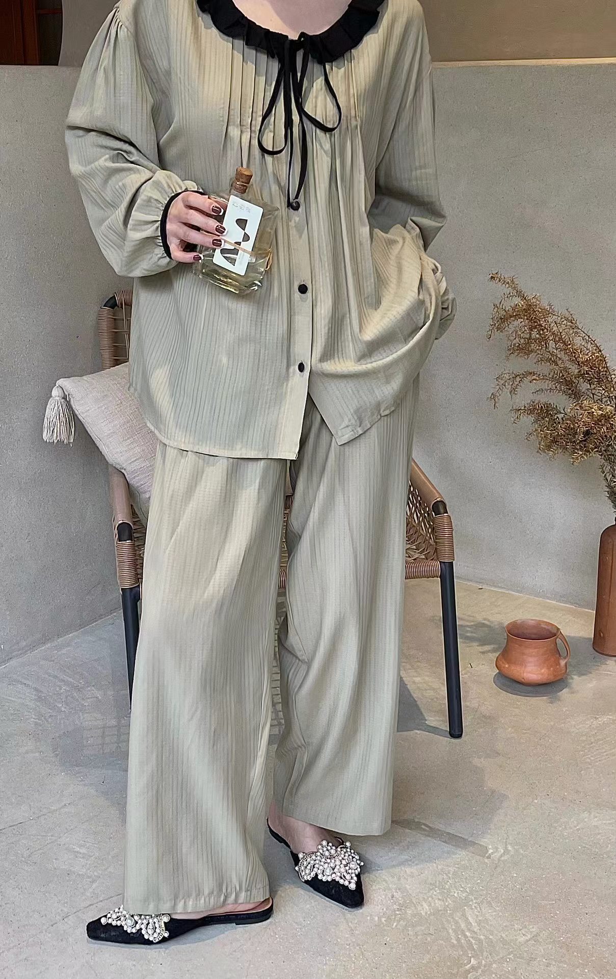 维安花密古风新中式国风睡衣女高端气质绿色盘扣高级感家居服套装 - 图1