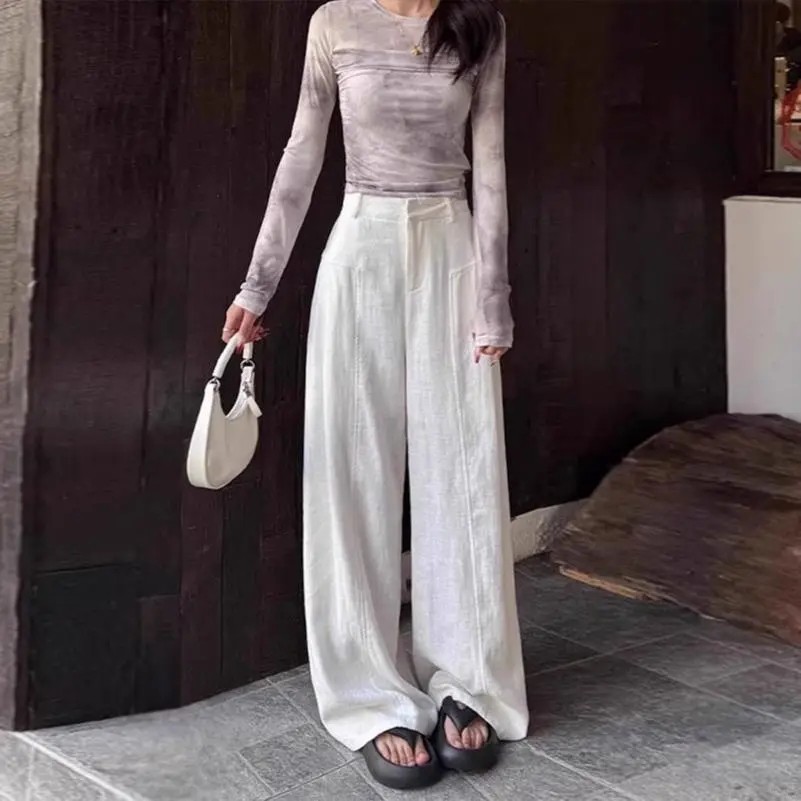白色亚麻苎麻阔腿裤女夏季薄款高腰垂感老钱风西装直筒棉麻休闲裤,淘宝优惠券,粉丝福利购,淘宝优惠卷