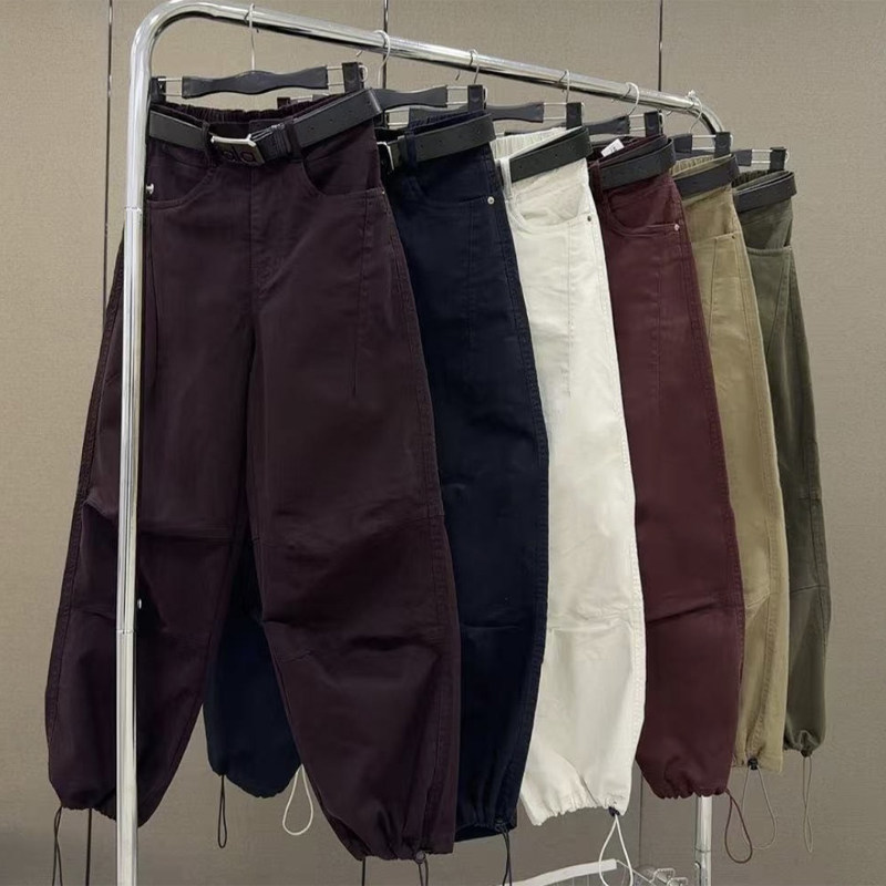 欧货春秋新款牛仔工装裤女高腰弹力显瘦弯刀裤直筒束脚两穿哈伦裤