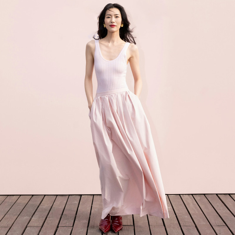 刘雯同款粉色高级感针织拼接背心连衣裙女无袖收腰显瘦度假风长裙