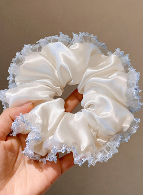 白色缎面蓝边大肠发圈女高级感丸子头超大扎头发头绳慵懒风发饰