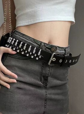 朋克风子弹头腰带重金属皮带黑色辣妹个性女五角星方块牛铆钉仔裤