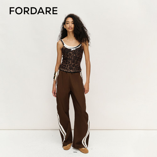 FORDARE/福蝶25春夏复古感豹纹拼接运动舒适宽松水洗咖色女士长裤 - 图0