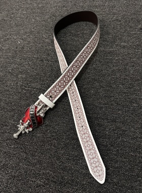 vintage一箭穿心中古小众设计感红白纹腰带朋克重工皮带
