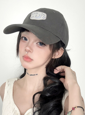 灰色刺绣弯檐棒球帽显脸小中性