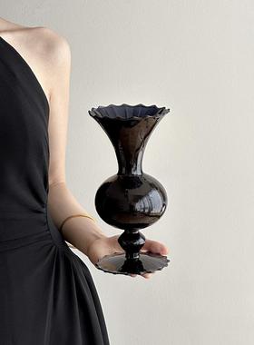 ins风高级感网红中古黑色花瓶玻璃插花玫瑰鲜花假花客厅餐桌摆件